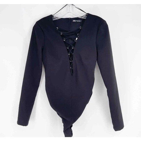 ZARA Black Ribbon Tie Front V-Neck Bodysuit, Size L * wom260 - Picture 1 of 7